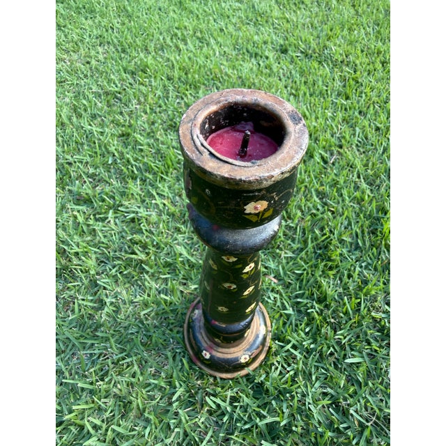 Vintage Hand-Painted Floral Folk Art Candlestick Sculpture For Sale - Image 12 of 12