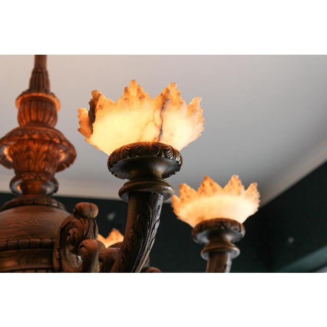 Wood Large Carved Oak and Alabaster Chandelier, 1920s For Sale - Image 7 of 18