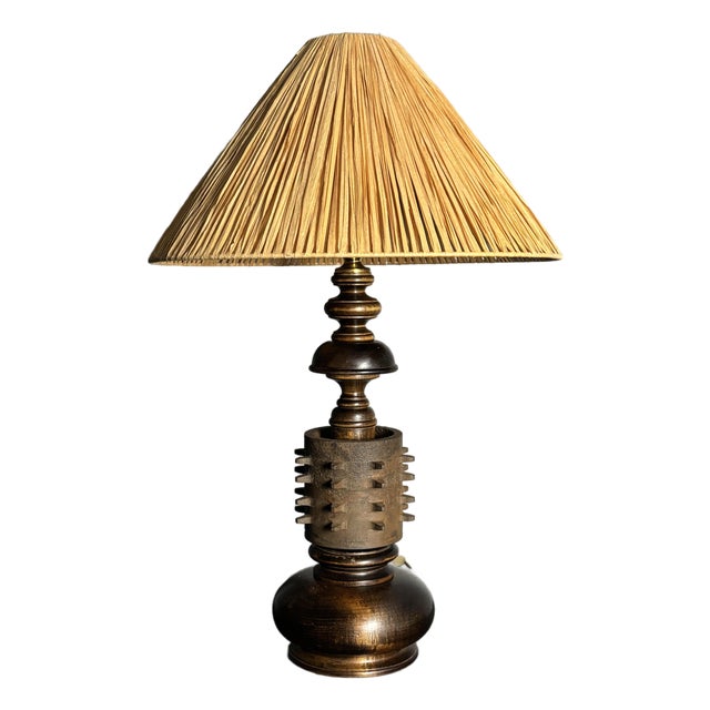 Large Brutalist Table Lamp in Wood and Cast Iron, 1960s For Sale