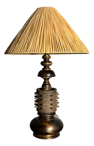 Large Brutalist Table Lamp in Wood and Cast Iron, 1960s