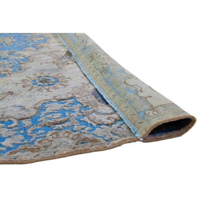 Blue Light Blue Floral Antique Persian Overdyed Wool Rug With Medallion Motif For Sale - Image 8 of 10
