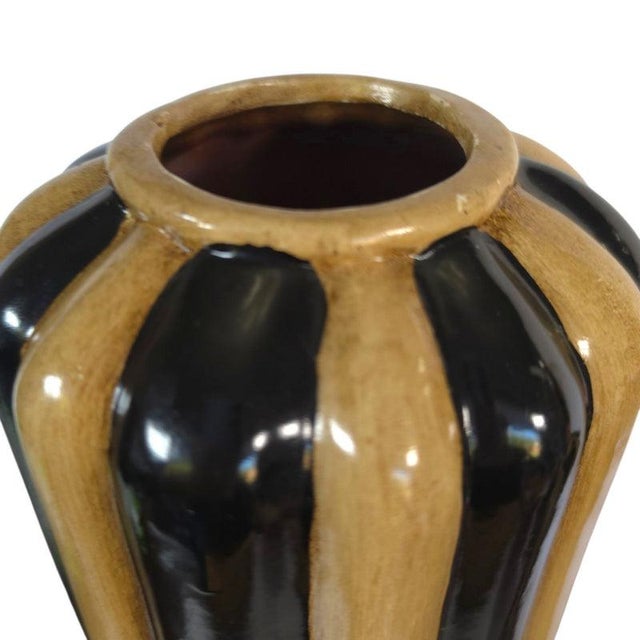 Art Deco Hollywood Regency Black & Tan Fluted Ceramic Vase Pair For Sale In Los Angeles - Image 6 of 16