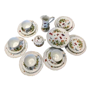 1960s Royal Crown Spring Time Tea Set for Six Hand Painted Strawberries Butterflies Lady Bugs, Japan- 20 Pieces