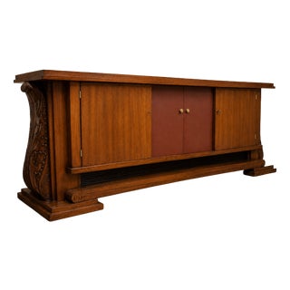 Art Deco Sideboard in Walnut and Leather on Architectural Base with Scrolls, 1930s For Sale