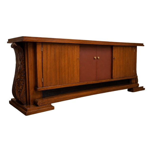 Art Deco Sideboard in Walnut and Leather on Architectural Base with Scrolls, 1930s For Sale