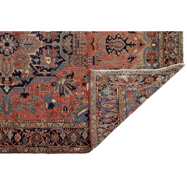 Room-Sized Antique Persian Heriz Rug in Red Wool Featuring a Medalllion Motif For Sale - Image 4 of 9