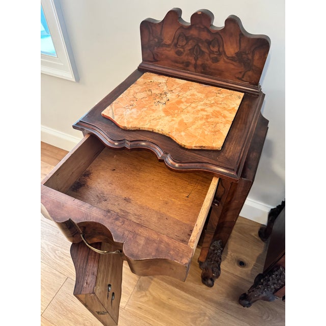 Pair of Antique American Victorian Rococo Revival Figured Walnut Marble-Top Bedside Cabinets, Circa 1870 For Sale - Image 4 of 12