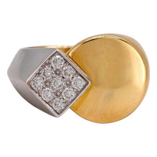 Fred Paris Vintage 18k Gold Signet Ring — Diamond Pavé | Signed & Numbered, Size 6.5 For Sale