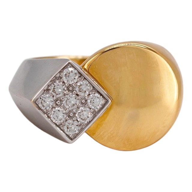 Fred Paris Vintage 18k Gold Signet Ring — Diamond Pavé | Signed & Numbered, Size 6.5 For Sale