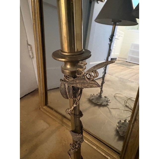 Elegant candlestick lamps with whimsical foliage and finial - taupe painted lampshades neutral, taupe metal with antique...