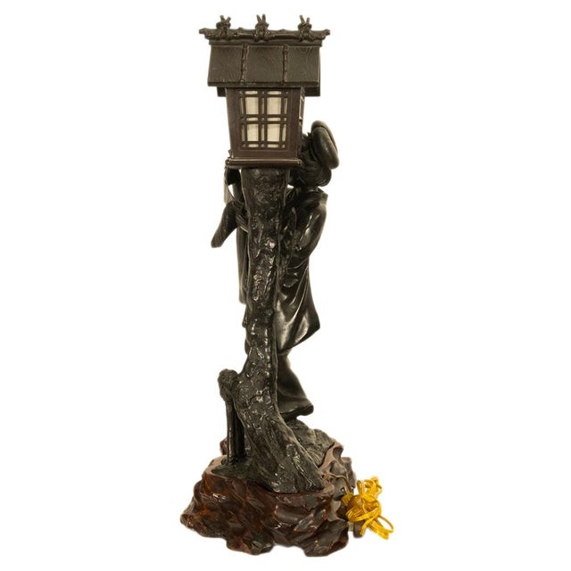 Metal Antique Japanese Meiji Period Cast Bronze Geisha Statue Figure Lamp Signed 1890 For Sale - Image 7 of 16
