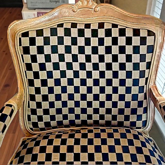 1960’s Polychromed Beechwood Louis XV Checker Upholstered Fauteuil For Sale - Image 9 of 17