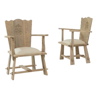 1970s French Carved Oak Armchairs With Upholstered Seats - A Pair For Sale