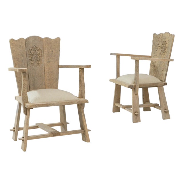 1970s French Carved Oak Armchairs With Upholstered Seats - A Pair For Sale