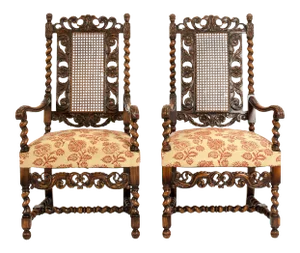 Hand Carved Walnut / Cane Back Armchairs / Corner Chairs - a Pair