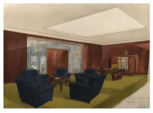 President's Office of Sabam by the Vanderborght Establishments in Brussels, Watercolor, 1930s-1940s