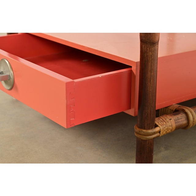 Wood John Wisner for Ficks Reed Mid-Century Hollywood Regency Bamboo Rattan Glass Top Side Table, 1950s For Sale - Image 7 of 12