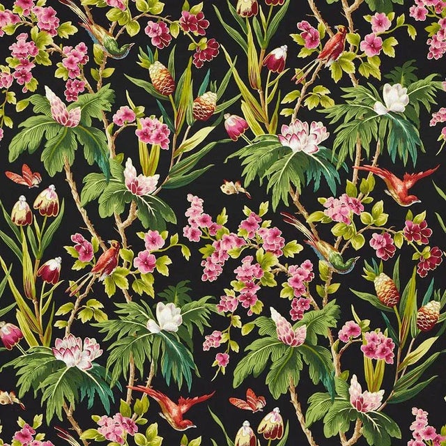 Based on a document print, this detailed pattern has extraordinary beauty and depth, with brightly plumed birds and lush...