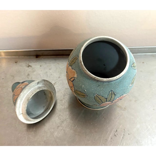 Asian Style Saltware Pottery Blue Floral Urn For Sale - Image 4 of 5