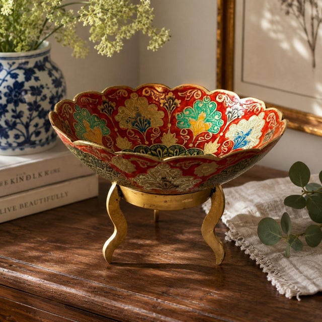 Indian Vintage Indian Peacock Enamel Bowl With Brass Stand | Hand Painted Footed Decorative Bowl | Boho Maximalist Decor For Sale - Image 3 of 8