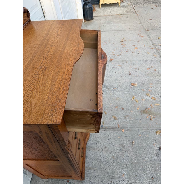 Antique Victorian Oak Serpentine Front Five-Drawer Highboy Dresser With Ornate Carved Crest For Sale - Image 10 of 12