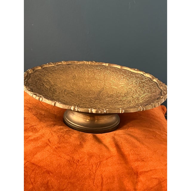 Vintage Brass Pedestal Bowl With Ornate Repoussé Decoration For Sale - Image 15 of 17