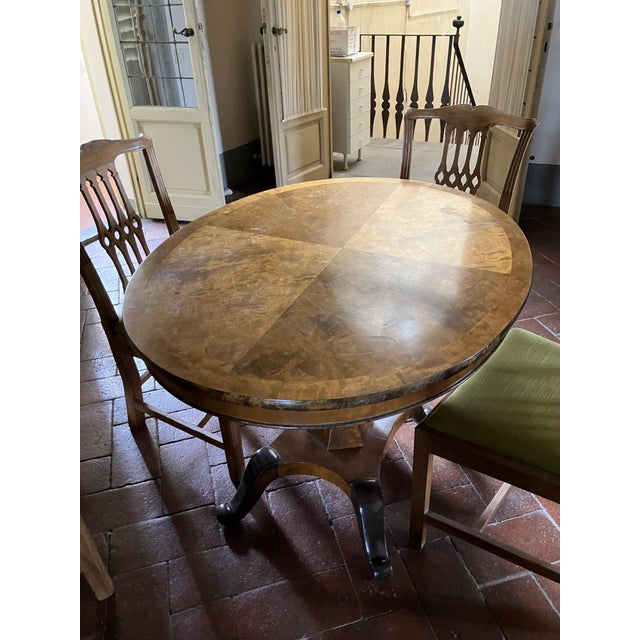 Antique Biedermeier Italian Burl Walnut and Maple Oval Dining Table with Faceted Pedestal, 1800s For Sale - Image 3 of 17