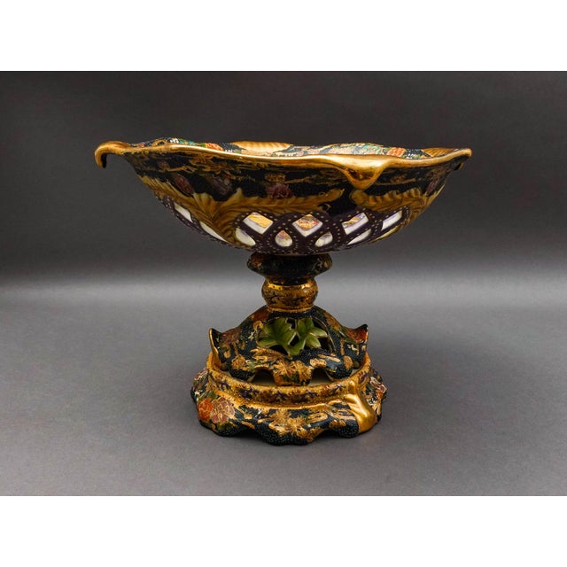 Mid 20th Century Mid 20th Century Royal Satsuma Handpainted Moriage Reticulated Pedestal Centerpiece Bowl Compote For Sale - Image 5 of 10