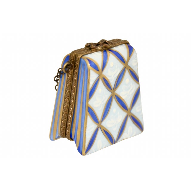 French Limoges Blue & Gold Purse Trinket Box For Sale - Image 3 of 5