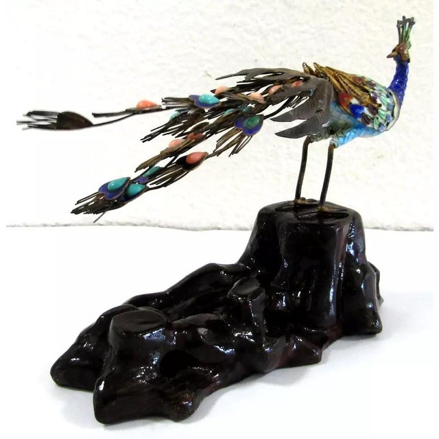 Metal Antique Chinese Silver Gilt Cloisonne Jeweled Peacock Bird Sculpture, 19th Century For Sale - Image 7 of 12