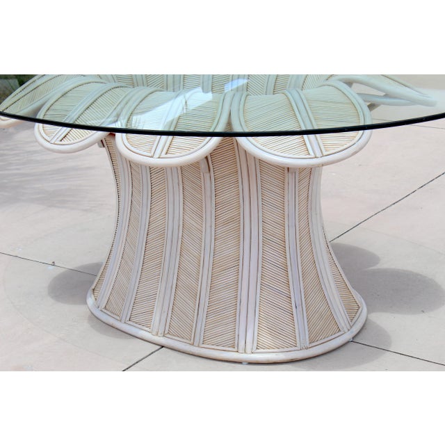 Vintage Hollywood Regency Style Flower Pencil Reed Rattan Pedestal Dining Table With Oval Glass Top For Sale - Image 12 of 18