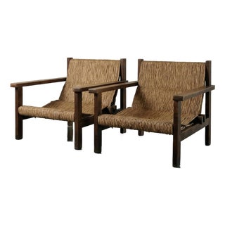 Spanish Solid Wood and Wicker Armchairs, 1960s For Sale