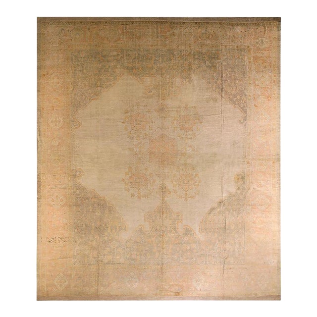 1890s Ivory Medallion Decorative Antique Turkish Oushak Rug 15'6" X 18' Handknotted Wool Carpet For Sale