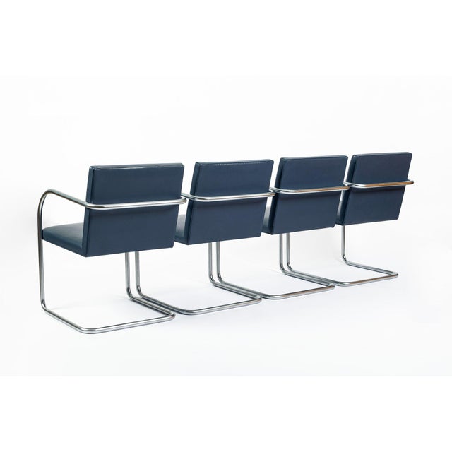 Knoll Mid Century Modern Blue Leather Brno Arm Chairs by Mies Van Der Rohe for Knoll, Set of 4 For Sale - Image 4 of 16