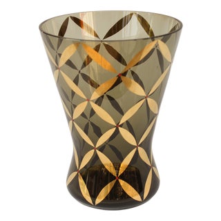 Mid-Century Smoked Glass Vase with Gold Decoration, 1950s For Sale