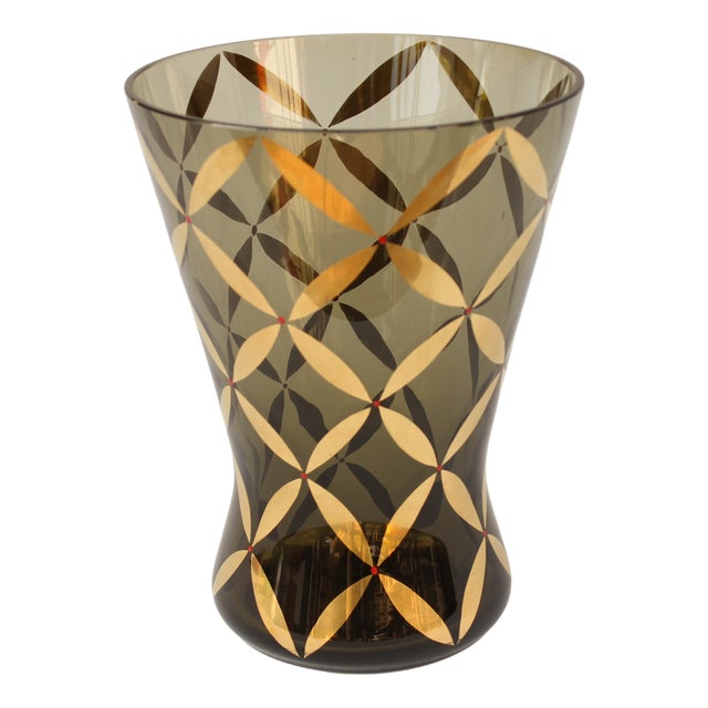 Mid-Century Smoked Glass Vase with Gold Decoration, 1950s For Sale