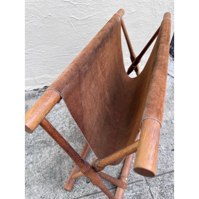 Mid-Century Danish Teak Magazine Rack With Suede Sling, Folding X-Base, Scandinavian Modern, 1960s For Sale - Image 4 of 10