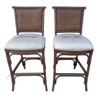 Pair of Tommy Bahama Vintage Bamboo-Style Bar Stools With Dragonfly Cushions – Tropical Rattan Back For Sale