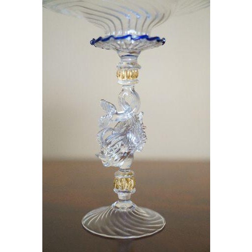 Mid 20th Century Vintage Venetian Murano-Style Dolphin Stem Glass Compote With Cobalt Rim For Sale - Image 5 of 9