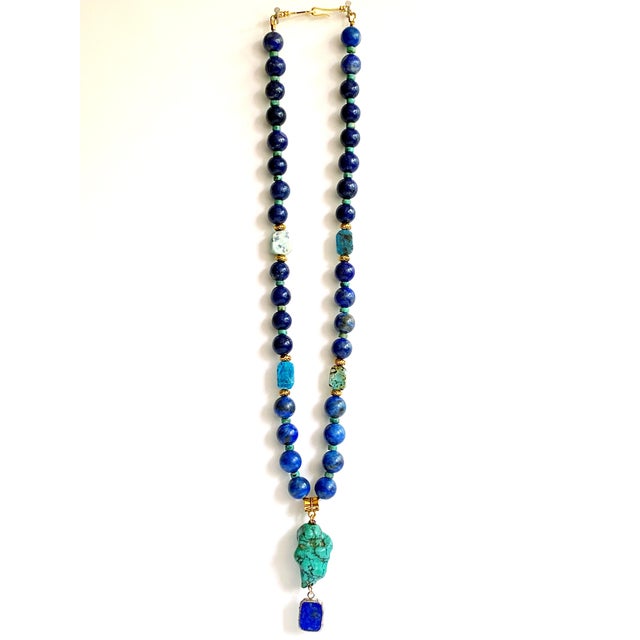 One-of-a-Kind Lapis Lazuli & Turquoise Statement Necklace | Vintage Turquoise Pendant | Artisan Bohemian Luxury Jewelry For Sale - Image 16 of 17