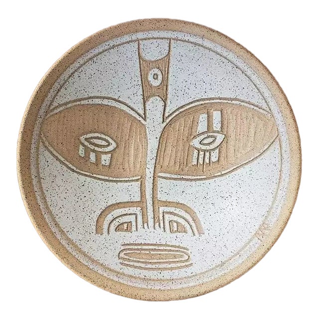 Vintage Clay Bowl With African Mask Motif Signed by Casey Wilems For Sale
