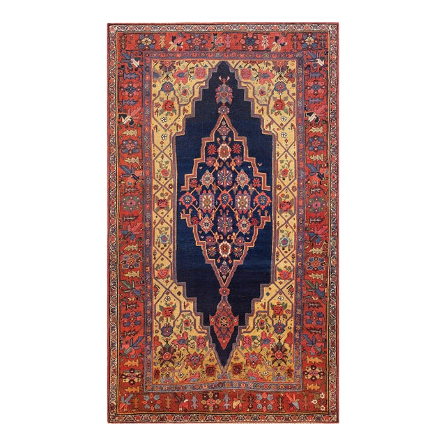 1880s Blue Medallion Antique Persian Bijar Rug 4' 9" X 8' 2" Handknotted Wool Carpet For Sale
