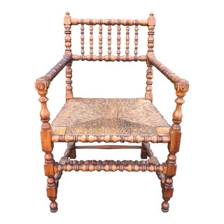 Vintage English Carvers Chair With Rush Seat For Sale