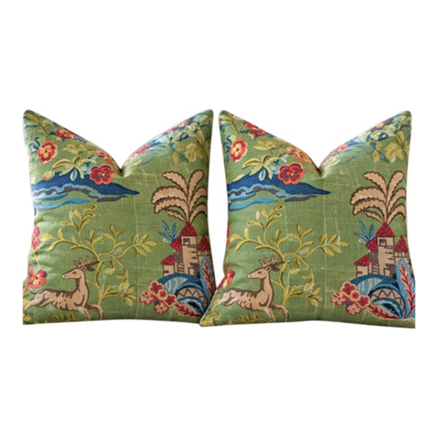 Pair of Gp & J Baker X Kit Kemp Knight’s Tale Spring Green 22" Down Pillows For Sale