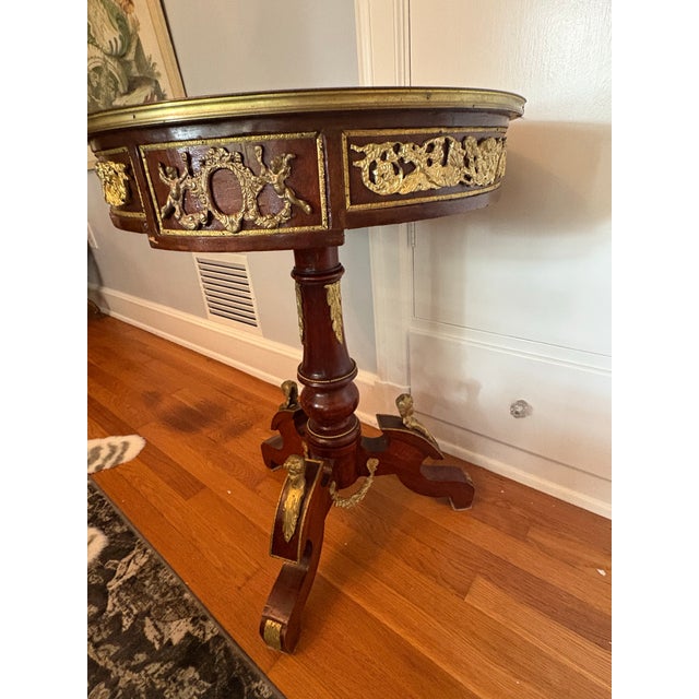 Antique French Inlaid Marquetry Round Table With Brass Adornment For Sale - Image 9 of 11