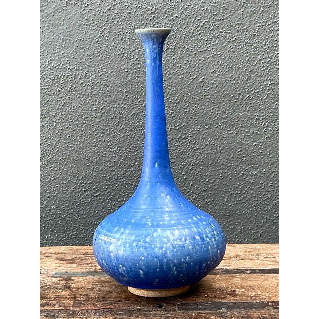 Modern Vintage Tall Blue Ceramic Vase For Sale - Image 3 of 12