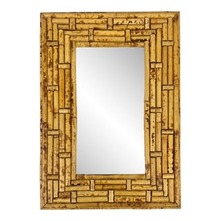 Vintage 1970s Geometric Mosaic Bamboo Rectangle Mirror For Sale