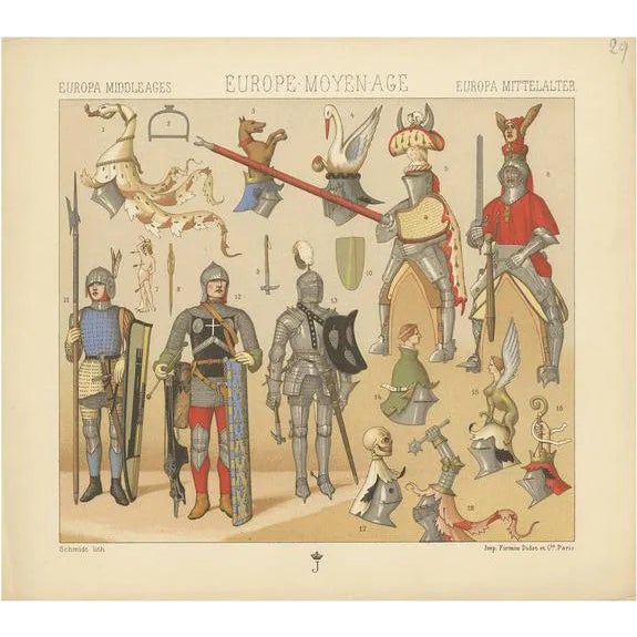 Racinet, European Middle Ages Armament, 1880, Paper For Sale