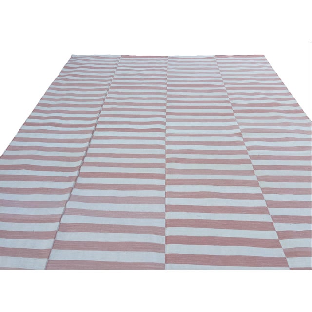 Textile Handwoven Cotton Area Rug, Vegetable Dyed, Pink and Cream Striped Dhurrie - 6'x9' For Sale - Image 7 of 10