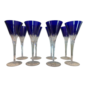 1990s Set of 8 Ajka Castille Albinka Cobalt Blue Crystal Wine Goblets, 24% Lead Crystal, Hungary
